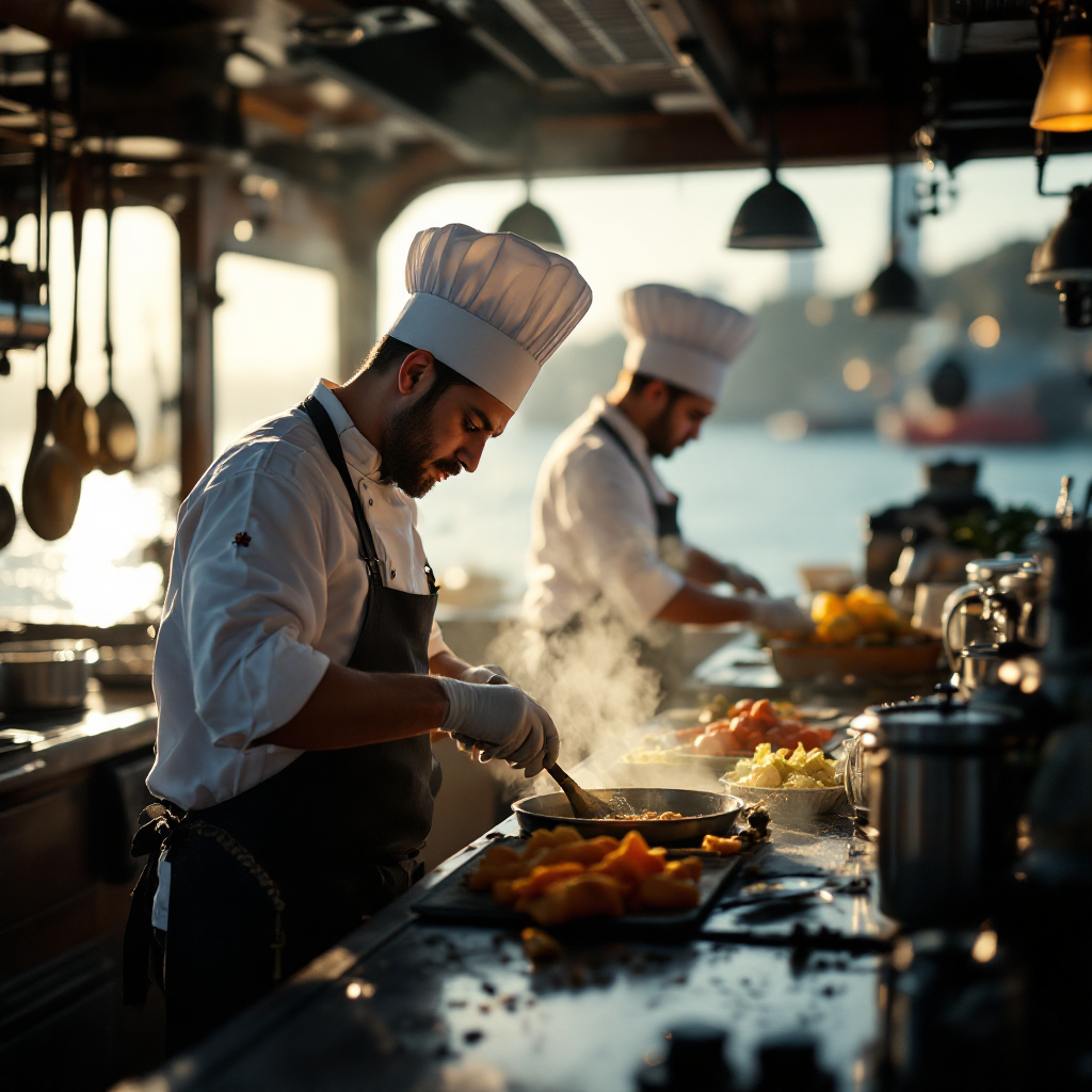 Cocinero preparando alimentos en la cocina de un buque